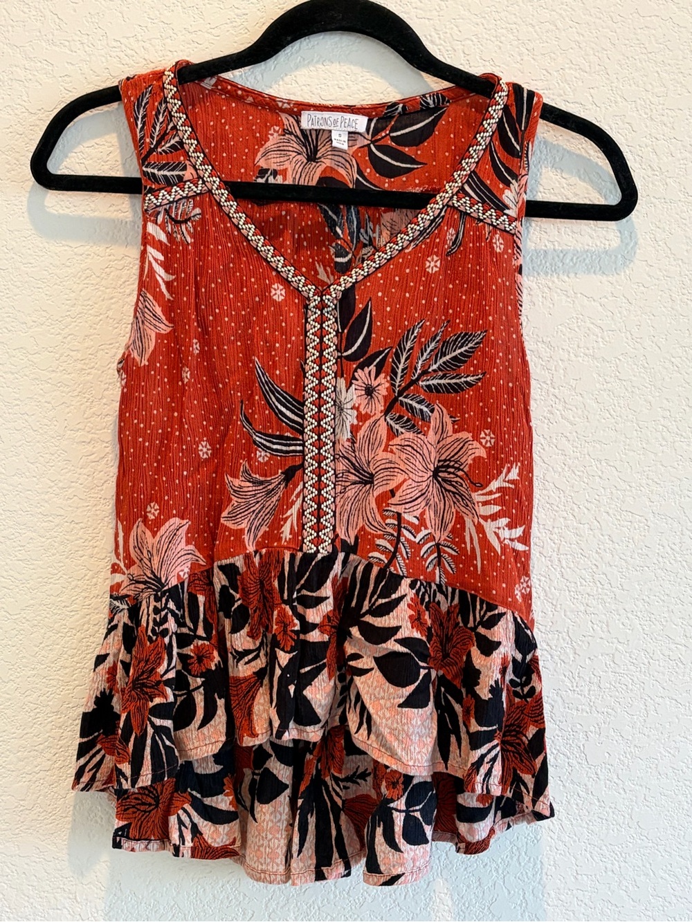 Patrons of Peace Rust Red Floral Sleeveless Tank